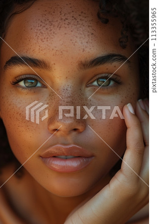 Macro shot of a young woman's face highlighting her freckles and striking eyes 113355965