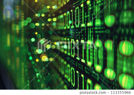 Abstract close-up of green binary code on digital screens, symbolizing data and cyber technology 113355966