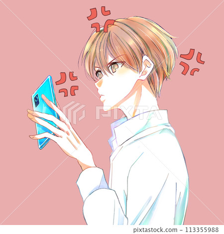 Angry man looking at smartphone, irritated mark Angry man looking at smartphone, irritated mark 113355988