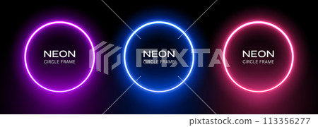 Round neon light frame. Ring abstract gradient led border. Blue, pink and violet laser circles on a black background. Bright electric vector set of spheres templates. 113356277