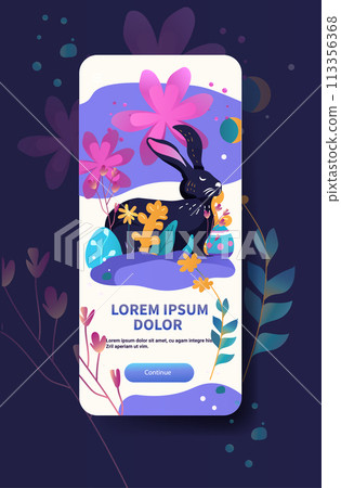 Happy Easter greeting card with rabbit and eggs spring holiday celebration card vertical copy space Happy Easter greeting card with rabbit and eggs spring holiday celebration card vertical copy space 113356368