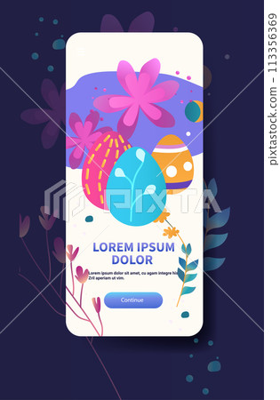 Happy Easter greeting card eggs and flowers spring holiday celebration card vertical copy space Happy Easter greeting card eggs and flowers spring holiday celebration card vertical copy space 113356369