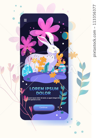 Happy Easter greeting card with rabbit and eggs spring holiday celebration card vertical copy space Happy Easter greeting card with rabbit and eggs spring holiday celebration card vertical copy space 113356377