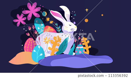 Happy Easter greeting card with rabbit and eggs spring holiday celebration card horizontal 113356392