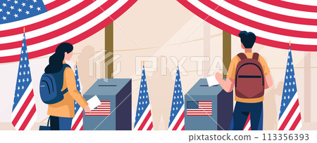election day concept voters casting ballots at polling place during voting people holding paper ballots horizontal 113356393