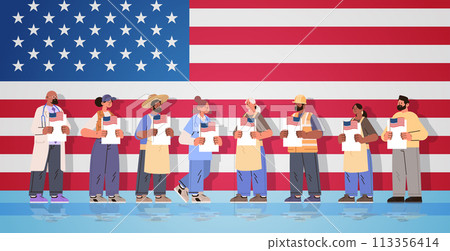 election day concept different occupations voters casting ballots at polling place during voting people holding paper ballots election day concept different occupations voters casting ballots at polling place during voting people holding paper ballots 113356414