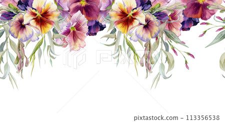 Hand drawn watercolor illustration shabby boho botanical flowers leaves. Pansy viola, willow eucalyptus branch, ash maple keys. Seamless banner isolated on white background. Design wedding, love cards 113356538