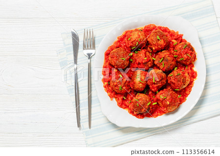 Albondigas, mexican meatballs on plate, top view 113356614