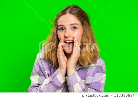 Young woman whisper news rumors holding hands near mouth, share gossip, quiet, keep my secrets 113356684