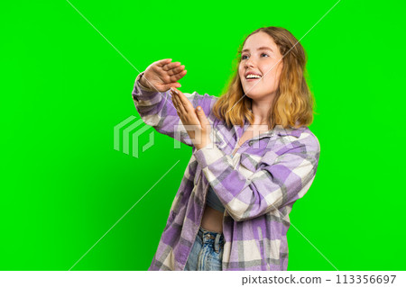 Woman showing wasting throwing sharing money, more tips, big profit winning lottery jackpot shopping 113356697