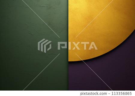 Abstract banner for autumn/winter. Part of a gold circle on a moss green and purple geometric background. AI generated image 113356865