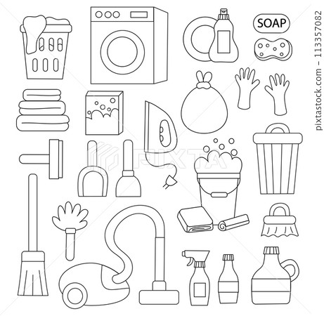 Cleaning Set Elements. Outline Lineart simple style. Black and white. Collection of cleaning tools. Washing machine. Cleaning products. Trash can. Vacuum cleaner. Hand drawn. Vector Flat illustration. 113357082