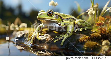 A small green frog sits near a pond. 113357146