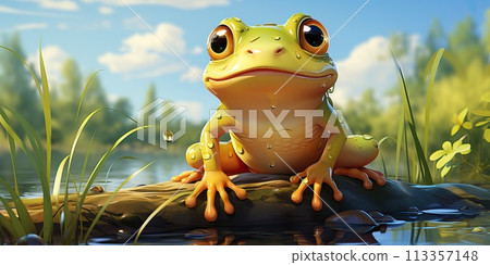 A small green frog sits near a pond. 113357148