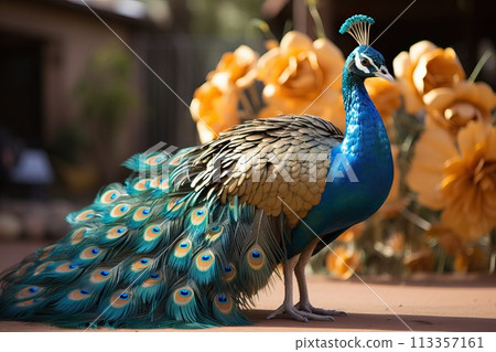 Blue peacock, common peacock Pavo cristatus. A beautiful peacock walks freely with its tail half closed. 113357161