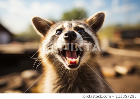 Portrait of a rabid raccoon. 113357283