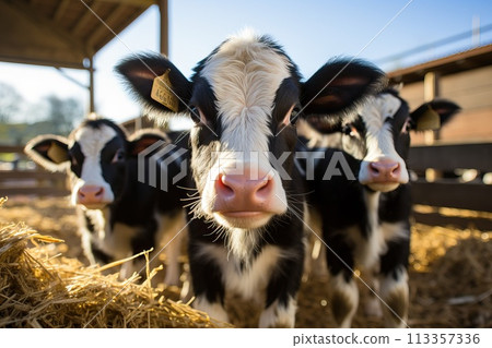 Small calves are in a stall near the hay. Small calves are in a stall near the hay. 113357336