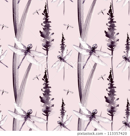 seamless pattern with watercolor monochrome silhouette herbs and dragonflies, sketch of grass, abstract meadow plants, wild field and insects, illustration pink background template for decoration 113357420