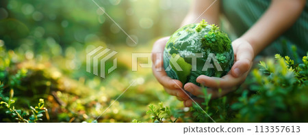 Hands of a child holding planet Earth in green natural background. Concept of saving future of a planet to our children. 113357613