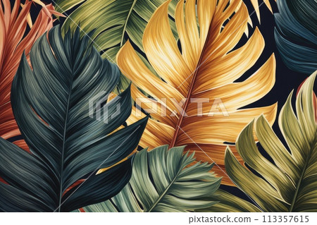 tropical palm leaves vintage background 113357615