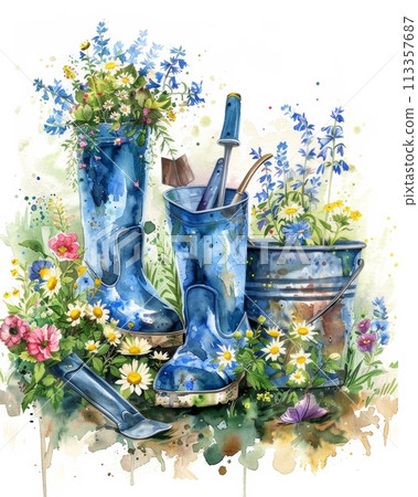 gardening, vintage rubber boots serving as a planter for assorted wildflowers 113357687