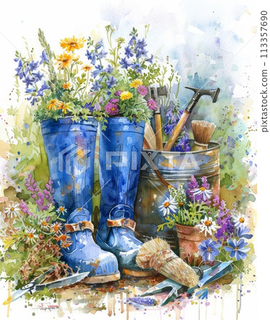 gardening, vintage rubber boots serving as a planter for assorted wildflowers gardening, vintage rubber boots serving as a planter for assorted wildflowers 113357690