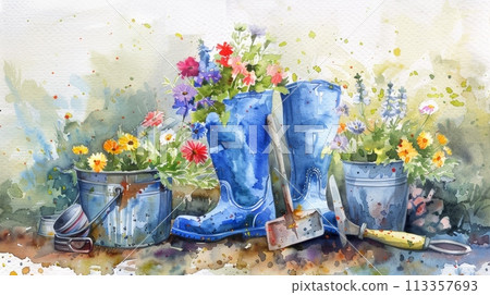 gardening, vintage rubber boots serving as a planter for assorted wildflowers gardening, vintage rubber boots serving as a planter for assorted wildflowers 113357693