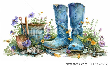 gardening, vintage rubber boots serving as a planter for assorted wildflowers 113357697