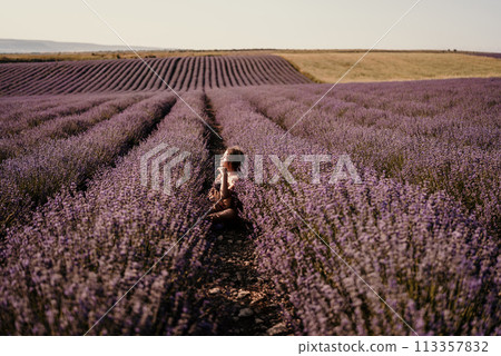 Girl is sitting in a field of purple flowers. She is holding a basket of flowers and smiling. Scene is peaceful and serene, as the girl is surrounded by the beauty of nature. Girl is sitting in a field of purple flowers. She is holding a basket of flowers and smiling. Scene is peaceful and serene, as the girl is surrounded by the beauty of nature. 113357832