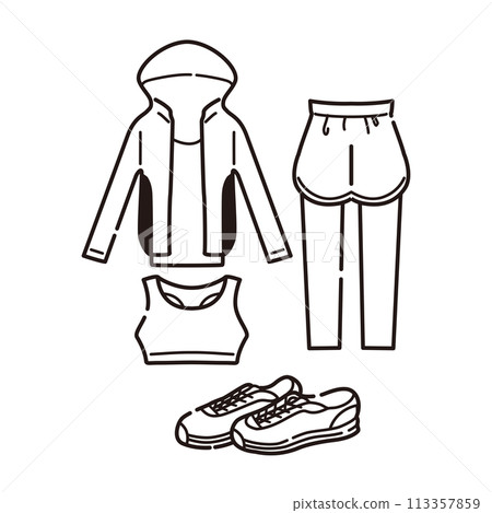 Illustration of walking wear and shoes (line drawing) 113357859