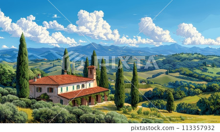 Tuscan Hills Winery I oil paint illustration 113357932