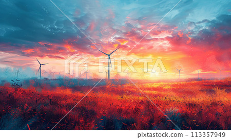 考慮到永續發展目標的風力發電和日落 考慮到永續發展目標的風力發電和日落 113357949