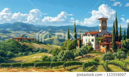 Tuscan Hills Winery I oil paint illustration 113358007