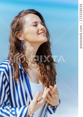relaxed elegant woman on ocean coast enjoying tranquility 113358038
