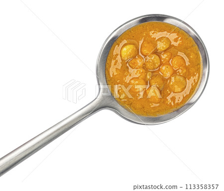 Lentil cream soup in spoon isolated on white background, top view, full depth of field Lentil cream soup in spoon isolated on white background, top view, full depth of field 113358357