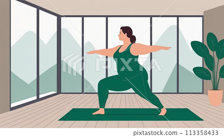 Large woman, yoga practice near sofa, leggings and top attire. Bright room, large window, floor-standing flower. 113358433