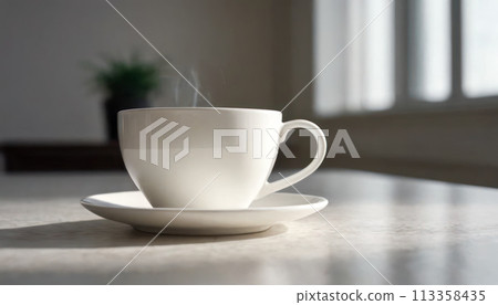 A hot cup of coffee on a saucer, set against a white background, casting a subtle shadow. A hot cup of coffee on a saucer, set against a white background, casting a subtle shadow. 113358435