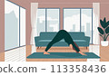 Woman, yoga practice near sofa, leggings and top attire. Bright room, large window, floor-standing flower. 113358436