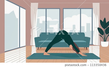 Woman, yoga practice near sofa, leggings and top attire. Bright room, large window, floor-standing flower. 113358436