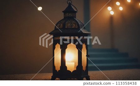 Ramadan Kareem, Lantern, Postcard: Illuminated lantern at dusk during Ramadan signifies tradition. Ramadan Kareem, Lantern, Postcard: Illuminated lantern at dusk during Ramadan signifies tradition. 113358438