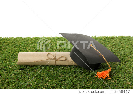 PNG, graduate hat with books on grass, isolated on white background. PNG, graduate hat with books on grass, isolated on white background. 113358447