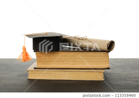 PNG, graduate hat with books, isolated on white background. 113358460