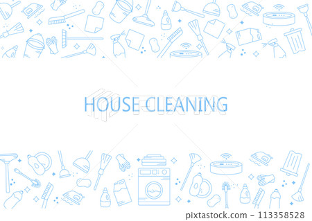 Vector background on the theme of cleaning or cleaning service. Vector blue icons on a white horizontal background. 113358528