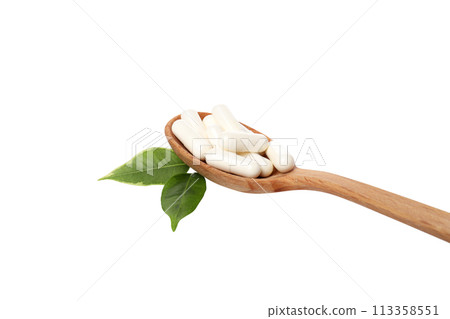 PNG, A wooden spoon with collagen tablets, isolated on white background 113358551