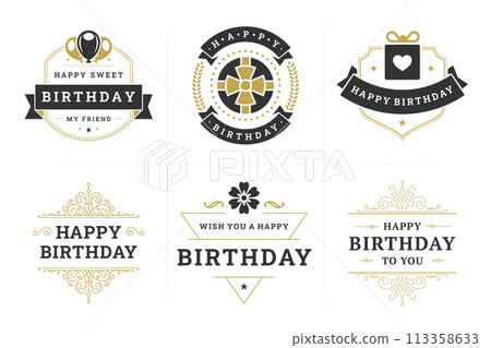 Happy birthday black golden fashion vintage label and badge set for greeting card design vector flat Happy birthday black golden fashion vintage label and badge set for greeting card design vector flat 113358633