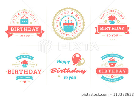 Happy birthday festive congratulations vintage emblem badge set for greeting card design vector flat 113358638