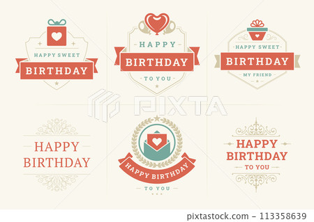 Happy birthday red ribbon vintage emblem and badge set for greeting card design vector flat 113358639