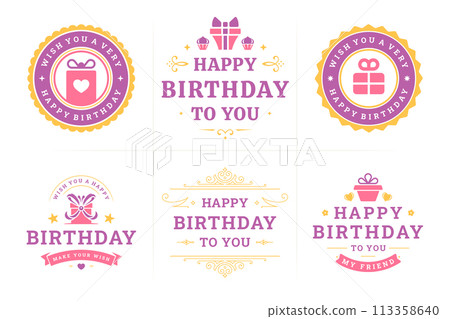Happy birthday gift box purple vintage emblem and badge set for greeting card design vector flat 113358640