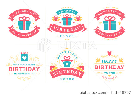 Happy birthday vintage label and badge set for greeting card emblem design vector flat 113358707