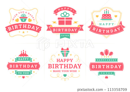 Happy birthday old fashioned label and badge set greeting card congratulations design vector flat Happy birthday old fashioned label and badge set greeting card congratulations design vector flat 113358709